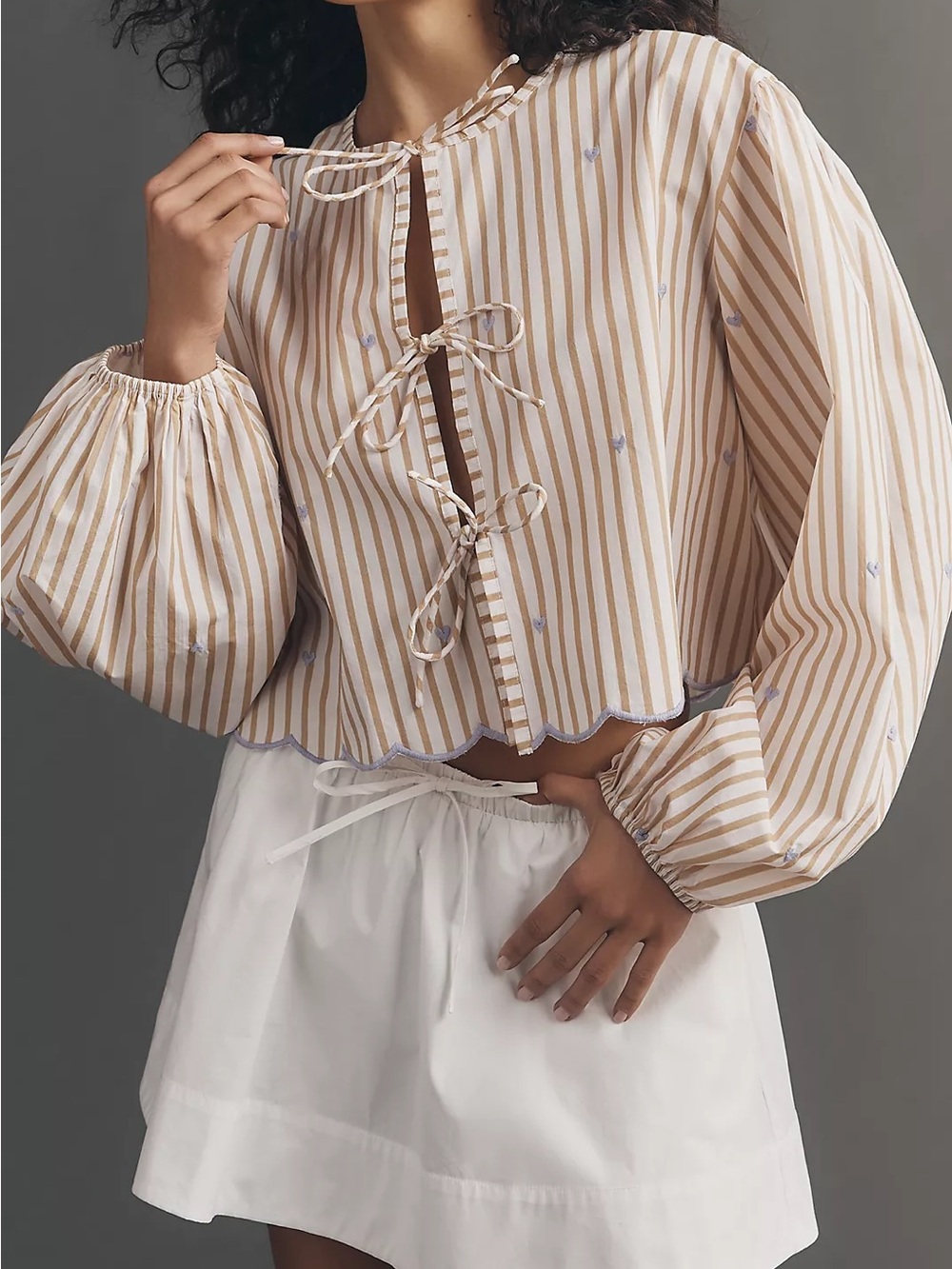 Maeve Striped Floral Embroidered Tie Front Balloon Sleeve Blouse Cottagecore - Picture 3 of 11
